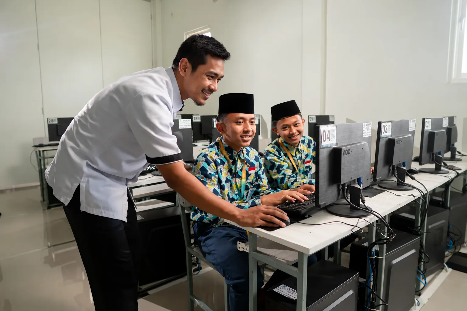 Seorang pendamping membimbing dua santri putra yang berlatih di depan komputer di ruang laboratorium.